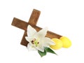 Wooden cross, Easter eggs and blossom lily Royalty Free Stock Photo