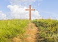 wooden cross on hill with clay road between green grasses