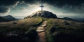 Wooden Cross On Hilltop With Dramatic Cloudy Sky In Green Landscape Symbolizes The Path To God - Generative AI Royalty Free Stock Photo