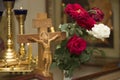 Wooden cross with jesus. Decorated Church Altar