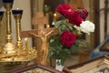 Wooden cross with jesus. Decorated Church Altar