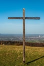 Wooden cross on Loucka hill in autumn Slezske Beskydy mountains in Czech republic