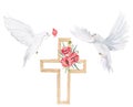 Wooden cross with red poppy flower and white dove. Watercolor design element for Remembrance Day, Anzac Day. Royalty Free Stock Photo