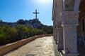 Wooden cross on a rock near the church of St. Epiphany. Cyprus. Ayia Napa Royalty Free Stock Photo