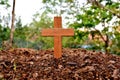 A wooden cross rose to the ground with natural background,