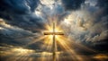 Wooden cross silhouette backlit by divine golden rays emerging from dramatic cloudscape. Generative AI Royalty Free Stock Photo