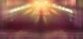 Wooden cross on stage with light rays in blurred bokeh background, christian worship in church