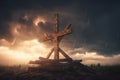 Wooden cross stand against a dramatic evening sky with radiant beams penetrating clo. Generative AIuds. Generative AI Royalty Free Stock Photo