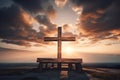 Wooden cross stand against a dramatic evening sky with radiant beams penetrating clouds. Generative AI Royalty Free Stock Photo