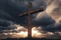 Wooden cross stand against a dramatic evening sky with radiant beams penetrating clouds. Generative AI Royalty Free Stock Photo