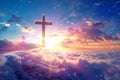 Wooden cross stands in the desert, rays of sunlight. Generative AI Royalty Free Stock Photo