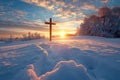 Wooden cross stands in the desert, rays of sunlight. Generative AI Royalty Free Stock Photo