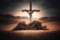 Wooden cross stands in the desert Royalty Free Stock Photo