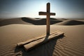 Wooden cross stands in the desert Royalty Free Stock Photo