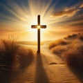 Wooden cross stands in the rays of Royalty Free Stock Photo