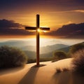 Wooden cross stands in the rays of Royalty Free Stock Photo