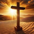 Wooden cross stands in the rays of Royalty Free Stock Photo