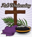 Wooden Cross, Stole, Palm Branch and Bowl for Ash Wednesday, Vector Illustration