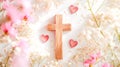 Wooden cross with tender spring flowers on white background