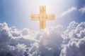 wooden cross on white cloudy sky against sunlight