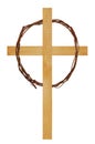 A wooden cross with a wreath