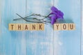 Wooden cube block thank you word with purple flower Royalty Free Stock Photo