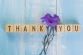 Wooden cube block thank you word with purple flower Royalty Free Stock Photo