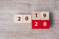 wooden cube with flip over block 2019 to 2020 word on table background. Resolution, strategy, solution, goal, business, New Year N Royalty Free Stock Photo