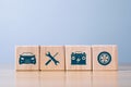 Wooden cube with Garage, Engine, car dashboard icons set. Car Service Auto Mechanics concept