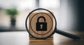 Wooden cube with padlock icon under magnifying glass on table Royalty Free Stock Photo
