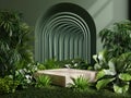 Wooden cube podium in tropical forest for product presentation behind is a natural walkway arch
