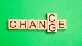 Wooden cube with word `change` to `chance` on wood table. Personal development and career growth or change yourself concept. conce Royalty Free Stock Photo