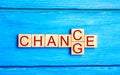 Wooden cube with word `change` to `chance` on wood table. Personal development and career growth or change yourself concept. conce Royalty Free Stock Photo