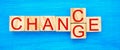 Wooden cube with word `change` to `chance` on wood table. Personal development and career growth or change yourself concept. conce