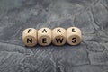 Wooden cube with word FAKE NEWS on dark background