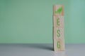 Wooden cubes with esg symbol Environmental Social Governance on the green background and copy space