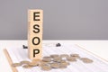 wooden cubes forming the text ESOP, surrounded by coins, symbolize a focus on Employee Stock Ownership Plan