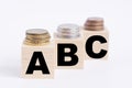 Wooden cubes with the letters ABC and coins on top . Business Royalty Free Stock Photo
