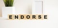 Wooden cubes with letters on a white table. The word is ENDORSE. White background