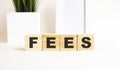 Wooden cubes with letters on a white table. The word is FEES. White background Royalty Free Stock Photo