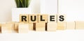 Wooden cubes with letters on a white table. The word is RULES. White background Royalty Free Stock Photo