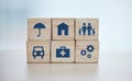 Wooden, cubes or stack in house risk management, security or future protect on background desk mockup or home table