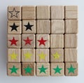 Wooden cubes with stars rating scale background closeup