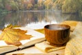 Wooden cup with hot drink, yellow knitted scarf, open book with yellow leaf on background of autumn park with pond. Royalty Free Stock Photo