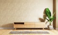 Wooden cupboard cabinet on the middle of modern living room with raw concrete wall background. Interior and Architecture concept.