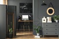 Wooden cupboard with decor, fresh plant and books standing in the real photo of open space living room interior with wainscoting Royalty Free Stock Photo