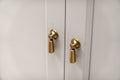 wooden cupboard white kitchen door, brass metal handle details of furniture. Royalty Free Stock Photo
