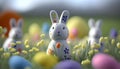 Wooden cute baby Easter bunnies sitting in the grass with easter eggs Royalty Free Stock Photo