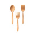 Wooden cutlery, disposable fork, spoon and spatula. Bamboo table setting for food, eco recycle
