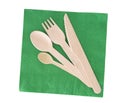 Wooden cutlery, fork, spoon, knife with green paper napkin isolated on white. Royalty Free Stock Photo